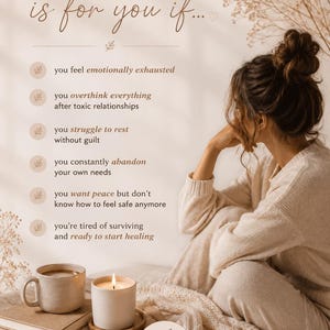 May include: A workbook with the text "This workbook is for you if..." is displayed next to a woman sitting on a bed. A lit candle, a mug of coffee, and a book are on the bed. The text on the workbook continues with a list of feelings.