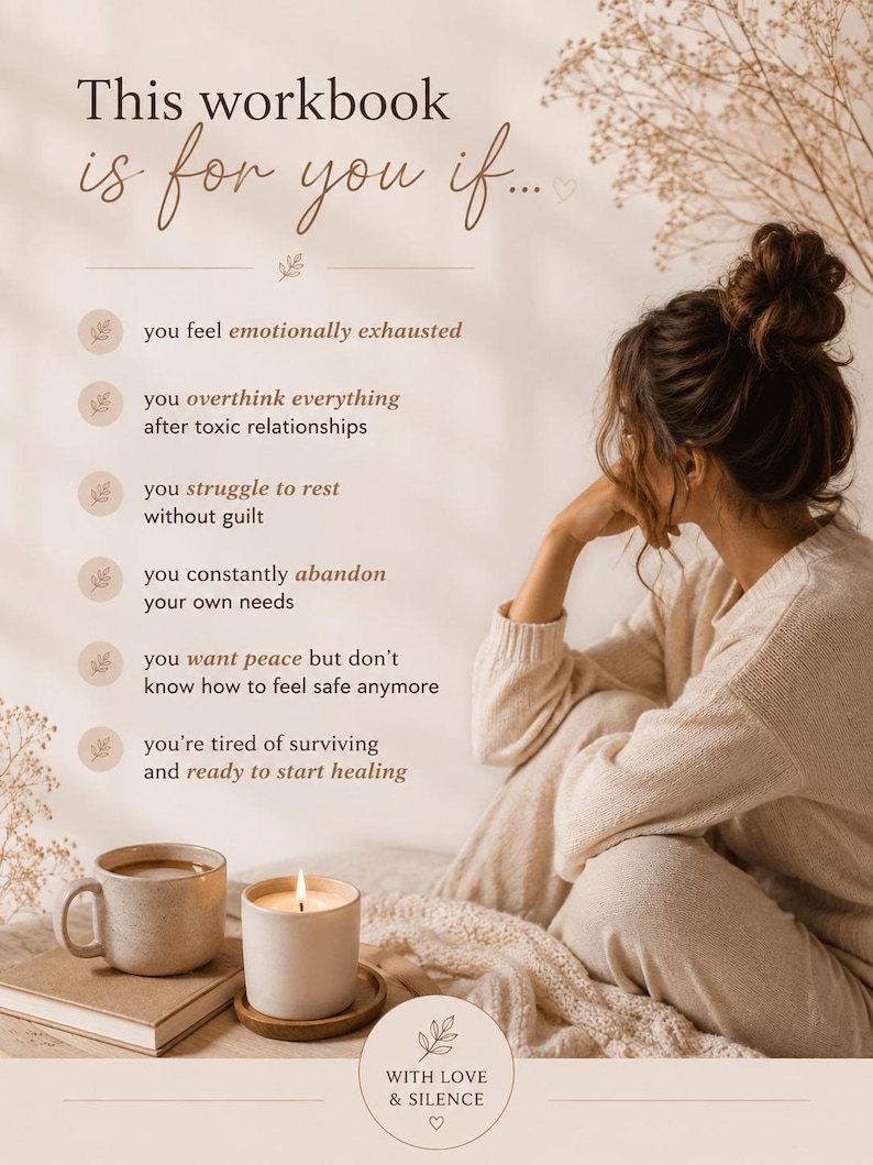 May include: A workbook with the text "This workbook is for you if..." is displayed next to a woman sitting on a bed. A lit candle, a mug of coffee, and a book are on the bed. The text on the workbook continues with a list of feelings.