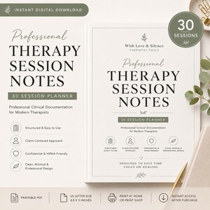 Therapy Session Planner - 30 Session Clinical Notes, Client Progress Tracker (PDF)