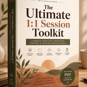 May include: A book titled "The Ultimate 1:1 Session Toolkit" with a white cover and dark green spine. The cover features text and illustrations, including the words "Emotional Safety" and "Printable PDF". The book is a guide for therapists, coaches, and healing professionals.