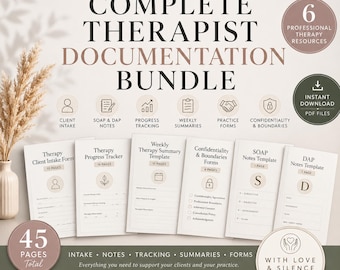 May include: A digital therapy documentation bundle featuring six professional resources including client intake, SOAP and DAP notes, progress tracking, weekly summaries, practice forms, and confidentiality agreements, totaling 45 pages in a printable PDF format.