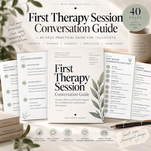 May include: A 40-page First Therapy Session Conversation Guide for therapists, featuring a central manual with a leaf illustration, surrounded by open pages displaying prompts, phrases, and a cheat sheet, all presented in a clean, professional layout.