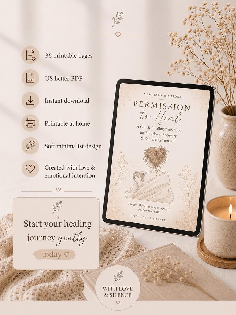 May include: A digital workbook titled "Permission to Heal" with a soft, minimalist design. The cover features an illustration of a person wrapped in a blanket. The workbook includes 36 printable pages, is available for instant download, and is a US Letter PDF.