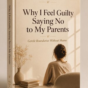 May include: A book titled "Why I Feel Guilty Saying No to My Parents" with the subtitle "Gentle Boundaries Without Shame." The cover features a woman looking out a window. A vase with dried flowers and a stack of books are on a table.