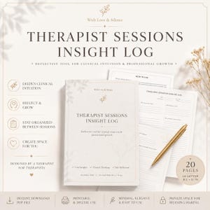 May include: A Therapist Sessions Insight Log printable PDF set in US Letter 8.5 x 11 inch size. The cover and interior pages feature dark text on a light background with botanical line art. A gold pen rests on the pages, and a circular badge indicates 20 pages.