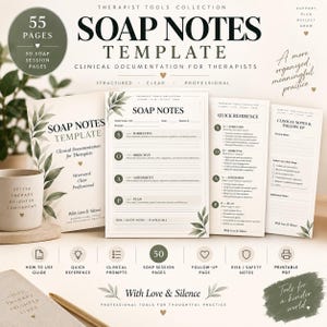 Könnte beinhalten: Eine digitale SOAP-Notizvorlage für Therapeuten mit 55 Seiten klinischer Dokumentation. Das Set enthält ein Deckblatt, Sitzungsformulare mit Abschnitten für subjektive, objektive, Beurteilungs- und Planungsdaten, eine Kurzanleitung und Nachsorgeblätter, verziert mit grünen Blattillustrationen.
