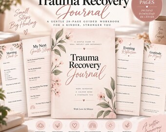May include: A Trauma Recovery Journal workbook with a soft pink cover featuring floral illustrations and the text Trauma Recovery Journal, More Kindness, A Calmer Mind, A Stronger You. It includes pages for Morning Check-In, Evening Reflection, and Gratitude.