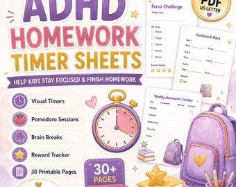 Arkusze z czasem odrabiania zadań domowych z ADHD | Planer nauki wizualnej z wykorzystaniem funkcji Focus, Pomodoro (do druku w formacie PDF)