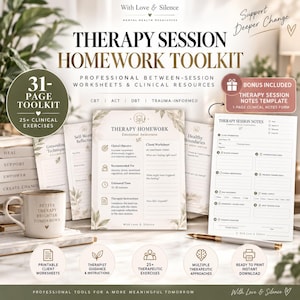 May include: A therapy session homework toolkit featuring 31 pages of clinical resources, worksheets, and a session notes template. The set includes printed documents with text, a mug labeled 'Better Therapy Brighter Tomorrows', and a gold pen.