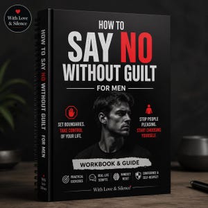 May include: A self-help book titled "How to Say No Without Guilt For Men" with a black cover. The title is in white and red, with a man's portrait. The book includes a workbook and guide with practical exercises and real-life scripts.
