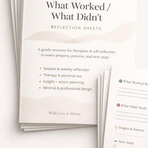 May include: A stack of white reflection sheets titled "What Worked / What Didn't" with the subtitle "Reflection Sheets." The sheets are designed for therapists and self-reflection, with sections for weekly reflection, therapy use, and action planning. The design is minimal and professional.