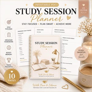 May include: A printable PDF study session planner with 10 pages, featuring a spiral-bound cover with a desk scene, including a lamp, books, and a vase. The text reads Study Session Planner, Stay Focused, Plan Smart, Achieve More, and US Letter 8.5 x 11.