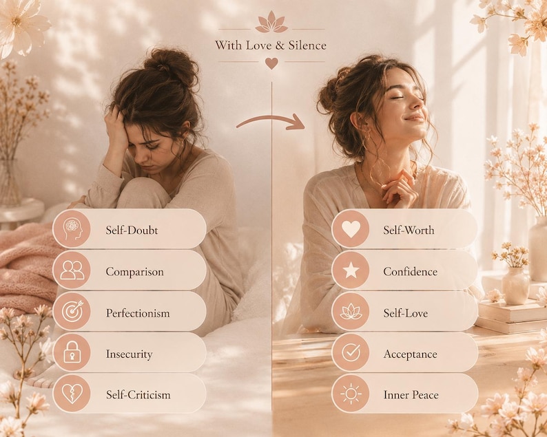 May include: A split-screen graphic titled With Love & Silence. The left side shows a person looking distressed with labels: Self-Doubt, Comparison, Perfectionism, Insecurity, Self-Criticism. The right side shows a person looking peaceful with labels: Self-Worth, Confidence, Self-Love, Acceptance, Inner Peace.