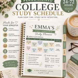 Op de afbeelding: Een spiraalgebonden studieplanner voor de universiteit met een witte kaft en de tekst Emma's Fall Semester Study Planner. De pagina toont een wekelijks lesrooster, een checklist voor prioriteiten en een sectie voor de beste studietijden.