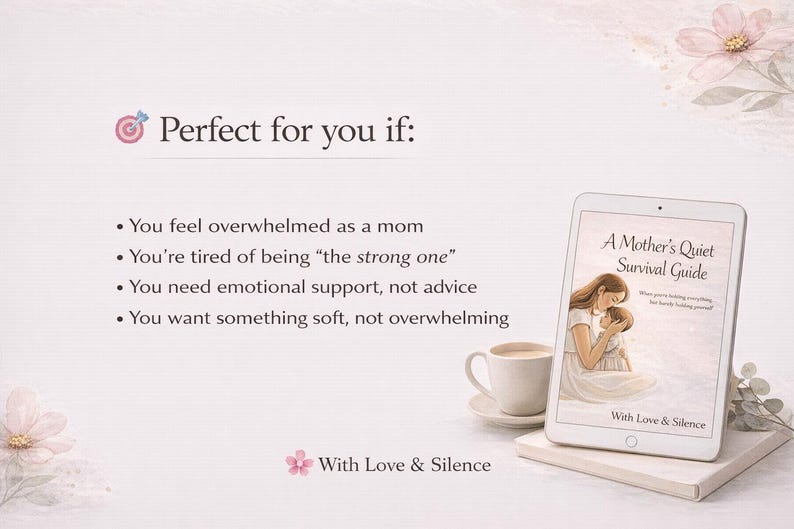 May include: A digital tablet displays the book cover A Mother's Quiet Survival Guide, featuring an illustration of a person holding a child. Beside it sits a ceramic cup on a saucer. Text lists points including feeling overwhelmed as a mom.