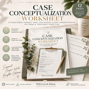 May include: A 12-page A4 printable PDF case conceptualisation worksheet set. The document includes sections for client snapshot, patterns, triggers, and treatment direction, featuring a gold pen on a clipboard and eucalyptus sprigs.