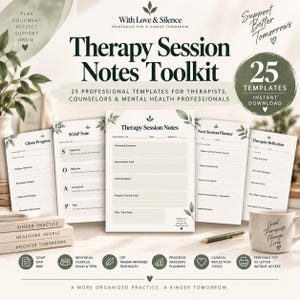 May include: A Therapy Session Notes Toolkit featuring 25 professional templates for mental health practitioners. The set includes printable pages for client progress, SOAP notes, session planning, and reflection, alongside a mug with text.