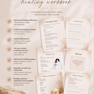 May include: A workbook with the title "Inside this healing workbook" features pages with text and illustrations. The pages cover topics like emotional healing, journaling prompts, and affirmations. A candle, mug, and flowers are also visible.
