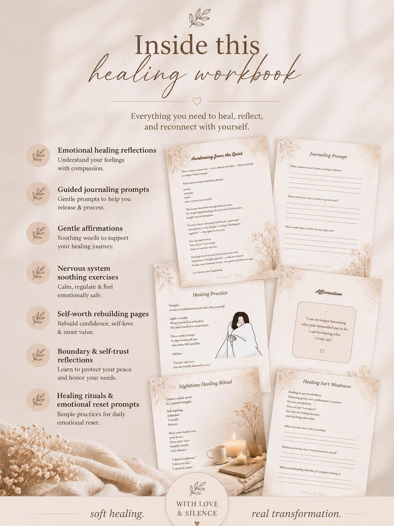 May include: A workbook with the title "Inside this healing workbook" features pages with text and illustrations. The pages cover topics like emotional healing, journaling prompts, and affirmations. A candle, mug, and flowers are also visible.