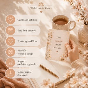 May include: A rectangular affirmation card with floral illustrations and the text 'I am enough exactly as I am.' The card is presented alongside a list of features including 'Gentle and uplifting', 'Easy daily practice', 'Encourages self-love', 'Beautiful printable design', 'Supports confidence growth', and 'Instant digital download'.