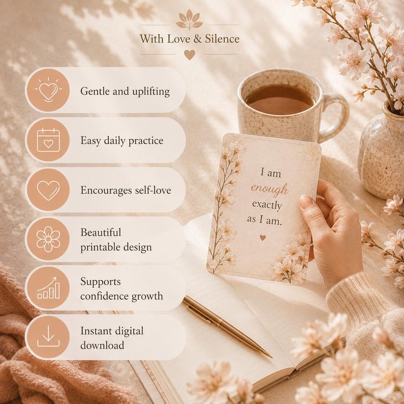 May include: A rectangular affirmation card with floral illustrations and the text 'I am enough exactly as I am.' The card is presented alongside a list of features including 'Gentle and uplifting', 'Easy daily practice', 'Encourages self-love', 'Beautiful printable design', 'Supports confidence growth', and 'Instant digital download'.