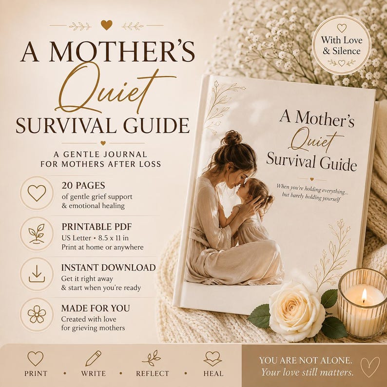 May include: A digital journal titled A Mother's Quiet Survival Guide, featuring a cover image of a mother and child. The text includes 20 pages of grief support, US Letter 8.5 x 11 in format, instant download, and the phrase You are not alone.