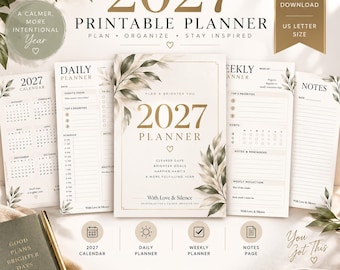 Peut inclure: Un ensemble de planificateur imprimable 2027 comprenant un calendrier, un planificateur quotidien, un planificateur hebdomadaire et une page de notes. Design avec texte doré, illustrations de feuilles botaniques et le texte With Love & Silence.