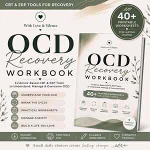 May include: An OCD Recovery Workbook featuring evidence-based CBT and ERP tools. The cover is white with dark green text and botanical accents, displaying the title, 40+ printable worksheets, and sections for understanding, managing, and overcoming OCD.