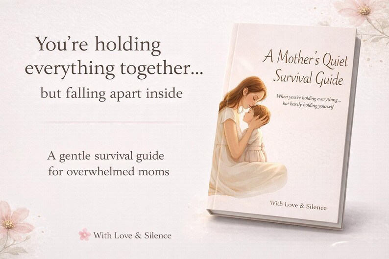 May include: A book titled A Mother's Quiet Survival Guide with an illustration of a person holding a child. The cover text reads: You're holding everything together... but falling apart inside. A gentle survival guide for overwhelmed moms. With Love & Silence.