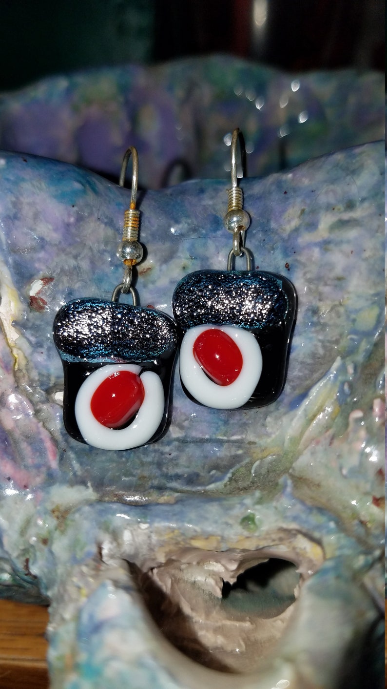 Black red white and dichroic silver dichroic glass dangle sushi earrings