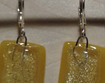 Lemon yellow dichroic glass dangle earrings ear art