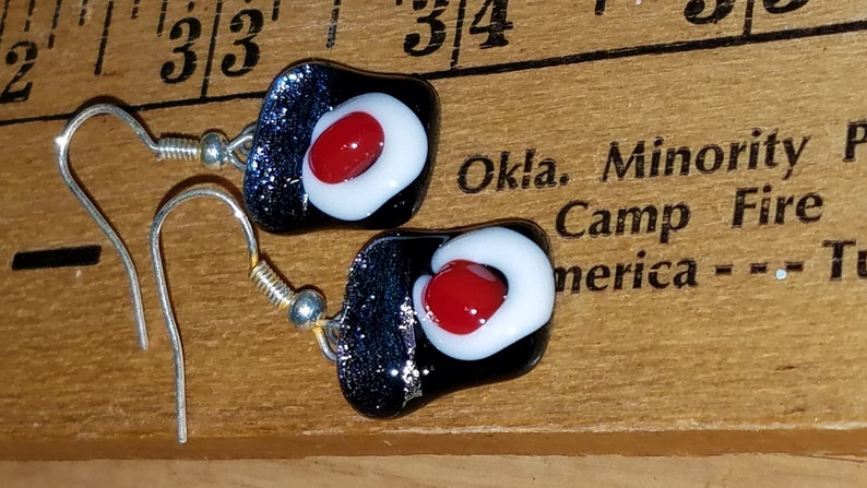 Black red white and dichroic silver dichroic glass dangle sushi earrings