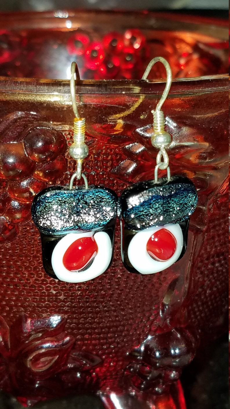 Black red white and dichroic silver dichroic glass dangle sushi earrings