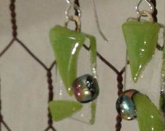 Bright green and dichroic glass dangle earrings lime green sparkle hand made jewelry Oklahoma artist wearable art unique one-of-a-kind