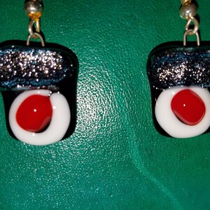 Black red white and  dichroic silver dichroic glass dangle sushi earrings
