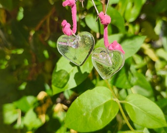 Pink leather dichroic clear glass heart earrings silver plated earwires  charm baubles light weight unique art