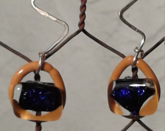 Orange circles with purple dichroic glass dangle earrings