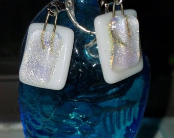 dichroic on white square glass dangle earrings