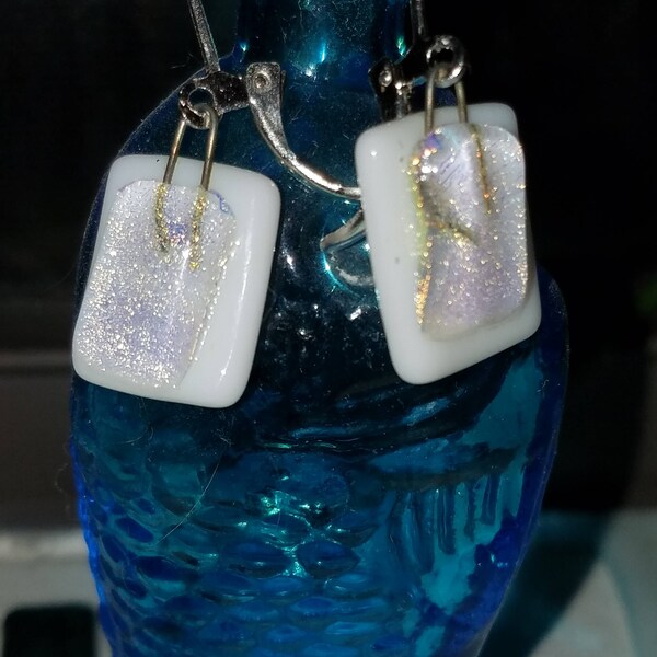 dichroic on white square glass dangle earrings