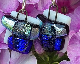 Blue silver-plated ear wires  dichroic glass earrings dangle earrings for sensitive ears kidney ear wires date night baubles Gorge self care