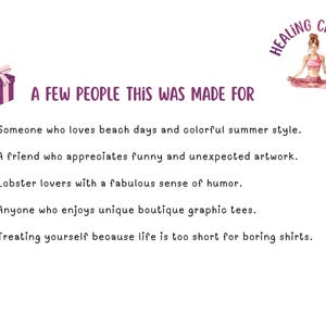 May include: A white informational graphic with purple text titled A FEW PEOPLE THIS WAS MADE FOR. It features a purple gift box icon, a small illustration of a person in a yoga pose, and the text HEALING CHOICES. Below are five bullet points.