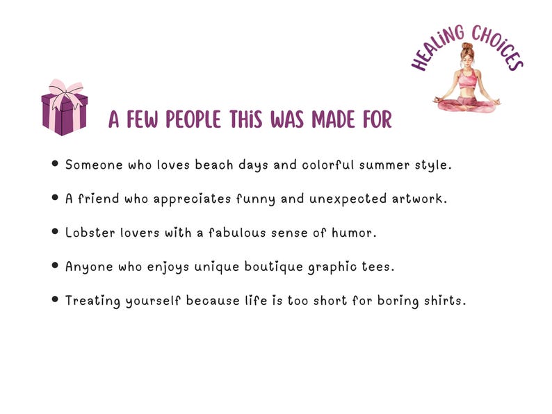 May include: A white informational graphic with purple text titled A FEW PEOPLE THIS WAS MADE FOR. It features a purple gift box icon, a small illustration of a person in a yoga pose, and the text HEALING CHOICES. Below are five bullet points.