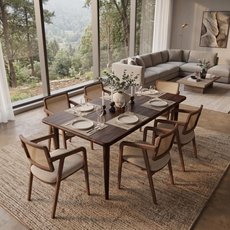 May include: A rectangular dark wood dining table with rounded corners, surrounded by six wooden chairs featuring woven cane backrests and light beige upholstered seats. The table is set with white plates, glassware, and candles in a bright room.