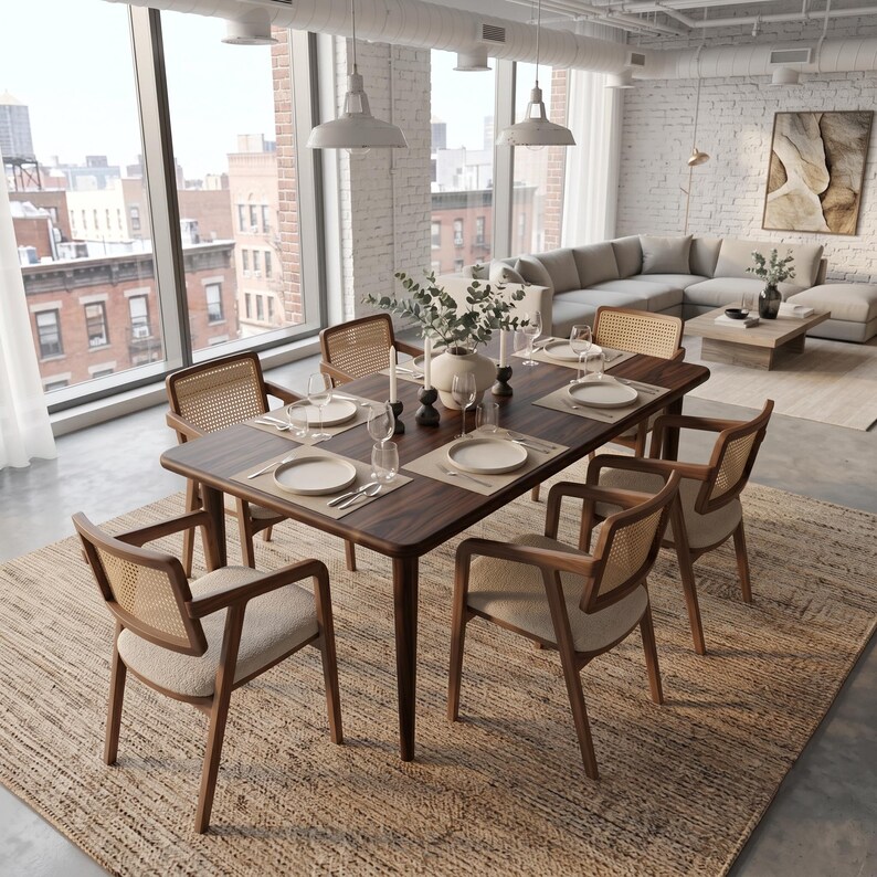 May include: A rectangular dark wood dining table with rounded corners, surrounded by six wooden armchairs featuring woven cane backrests and light beige upholstered seats. The table is set with white plates, glassware, and a central vase.
