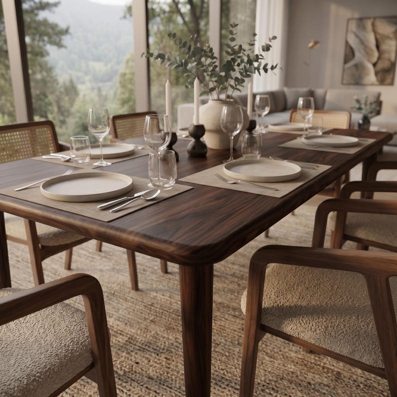 May include: A dark wood dining table set with light-colored plates, clear glass tumblers, wine glasses, and silver cutlery on rectangular placemats. The table is surrounded by wooden chairs with woven cane backrests and textured beige seat cushions.