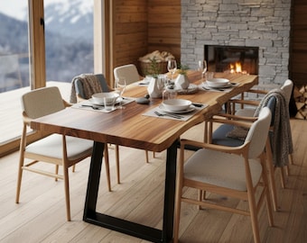 Modern Dining Table | Live Edge Solid Walnut Wood Table | Custom Size