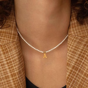 Elegante collar con inicial de perla, colgante de letra de acero inoxidable, gargantilla con nombre personalizado para mujer, regalo de joyería con cuentas de perla simulada.