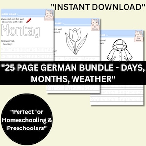 German Learning Bundle for Kids 25 Page Preschool Worksheets Bilingual Deutsch English Days Months Weather Colors Montessori Homeschool PDF