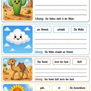 May include: Educational worksheet with the title "S&auml;tze bauen" (Build Sentences). The worksheet features four illustrated sentence-building exercises with images of a cactus, cloud, camel, and sunflower. Each exercise includes sentence components.