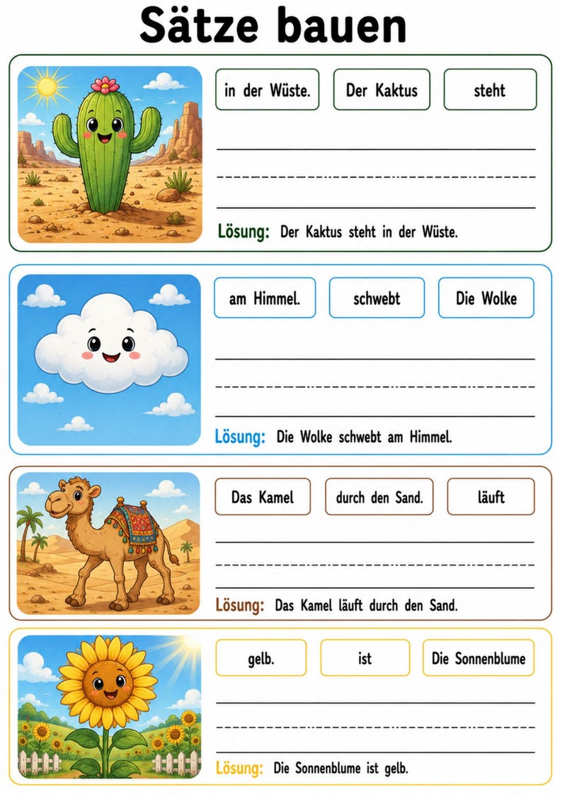 May include: Educational worksheet with the title "S&auml;tze bauen" (Build Sentences). The worksheet features four illustrated sentence-building exercises with images of a cactus, cloud, camel, and sunflower. Each exercise includes sentence components.